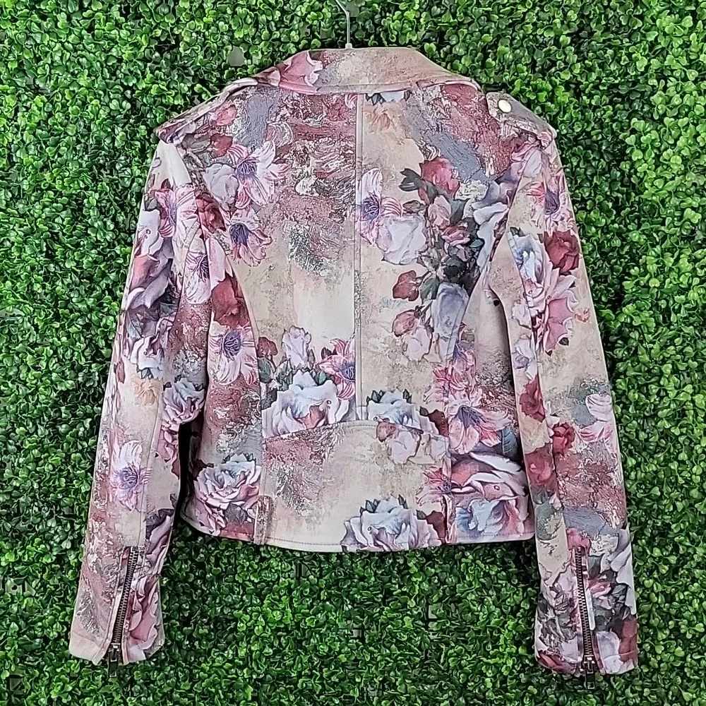 ZARA Basic Outerwear Floral Faux Suede Zippered Moto Jacket Cream/ Pink SZ Small - Picture 7 of 15